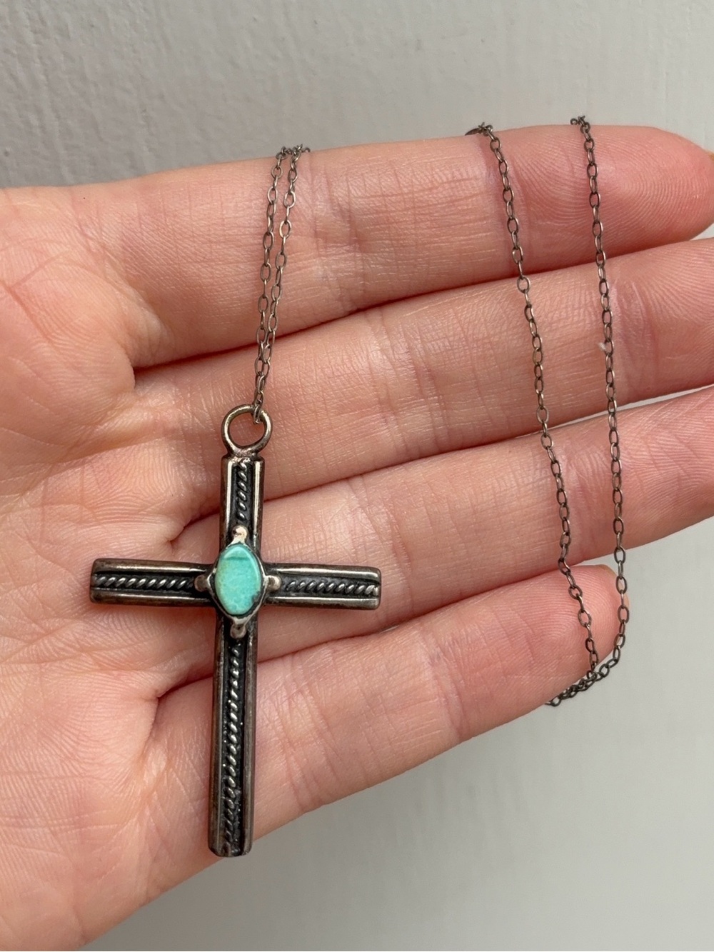 Sterling Silver Vintage Native American Turquoise Cross Pendant Necklace - Picture 2 of 8